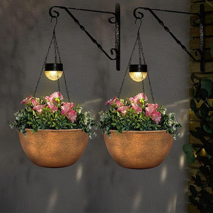 BAYN 2 Packs Solar Hanging Basket Planters for Plants Outdoor | Self Watering, Bronze Flower Pots with Solar Light , Hanging Planters with Drainer for Balcony Patio Garden Decoration