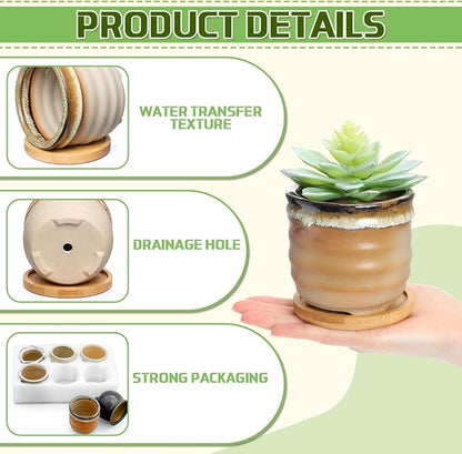 Remerry 18 Pcs Small Succulent Pots Bulk with Drainage 3.5 Inch Assorted Mini Ceramic Succulent Planters Pot with Coaster Bamboo Plant Tray Planting Pots for Home Office Garden