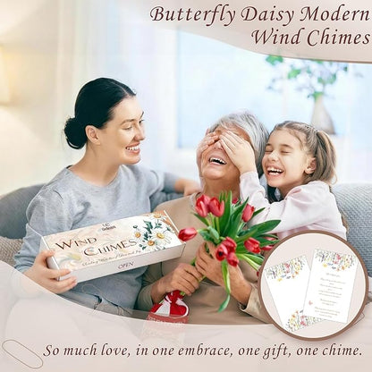 Modern Wind Chimes for Outside, 32" Daisy Print Wind Chime with Butterfly Pendant for Birthday, Mother's Day, Unique Gifts for Women, Garden Yard Patio Porch Home Hanging Decor(Silvershine)