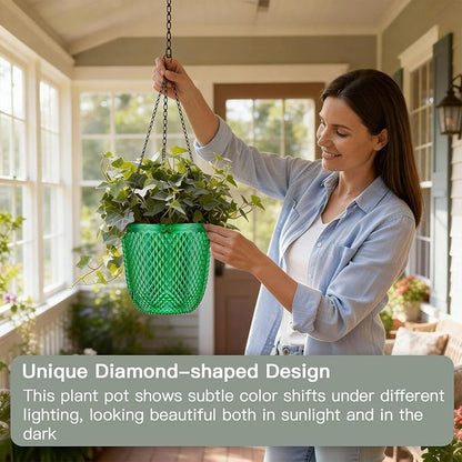 QCQHDU Hanging Planters for Indoor Plants, 2-Pack, 7.2 Inch, Emerald | Plastic, Self Watering Plant Hanger, with Drainage Holes, 3 Hooks Chains, For Garden Home
