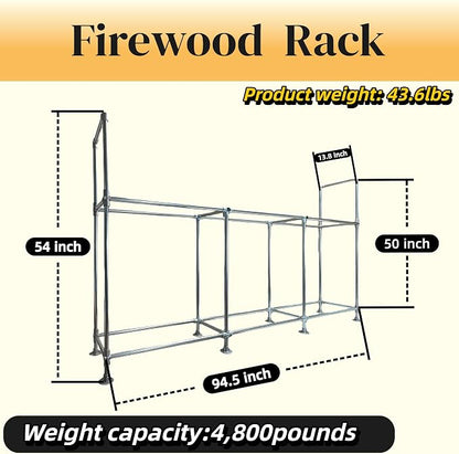 8ft Heavy Duty Tall Firewood Rack with Dual-Tier Structural Design | Constructed with Galvanized Steel Pipes and Featuring a Firewood Rack Cover,Load-bearing Capacity 4,800 lbs,Indoor/Outdoor
