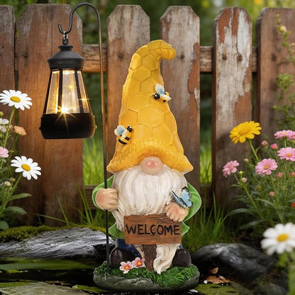 Solar Garden Gnome Statue with Lantern - Hand-Painted Resin Gnome Decor, IP44 Waterproof Outdoor Figurine for Yard Patio Porch, for Mom Women Housewarming Christmas