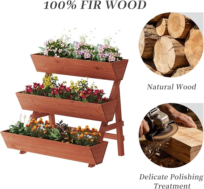 Kitsanery 3-Tiers Wooden Raised Garden Bed,Wood Planter Box for Vegetable,Flower Rack,Flower Pot Stands,Indoor Outdoor Gardening Planting Beds (Brick red, Large)