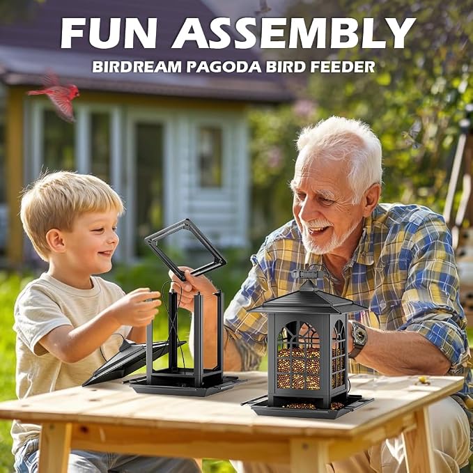 Birdream Bird Feeders for Outdoor Hanging, Assembly Required, 1-Min Easy Setup, Classic Courtyard Design, Attracting Cardinals Chickadees Goldfinches & Sparrows - Black