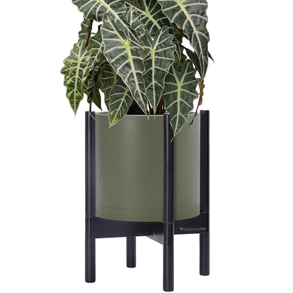 D'vine Dev Plastic Pot with Ebony Wood Stand, Olive, 10 in, 55-C-N-3 | Mid-Century Inspired Design, Elevated Plant Display, Clean Lines, Sturdy Support, Modern Space-Saving Style