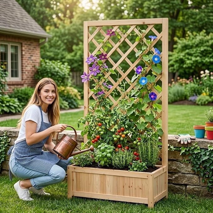 Wooden Raised Garden Bed with Trellis, 47" Outdoor Planter Box for Climbing Plants, Vertical Natural Wood Garden Planter for Vegetables, Flowers & Vines, Lattice Plant Support for Patio Yard Balcony