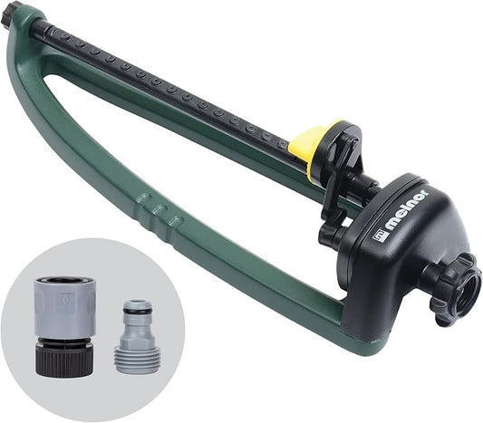 Melnor 65150AMZ Oscillating Sprinkler, 15 Precision Nozzles, Adjustable Spray Range, Waters Up to 2,650 Sq. Ft., with QuickConnect Bundle, Green, Yellow