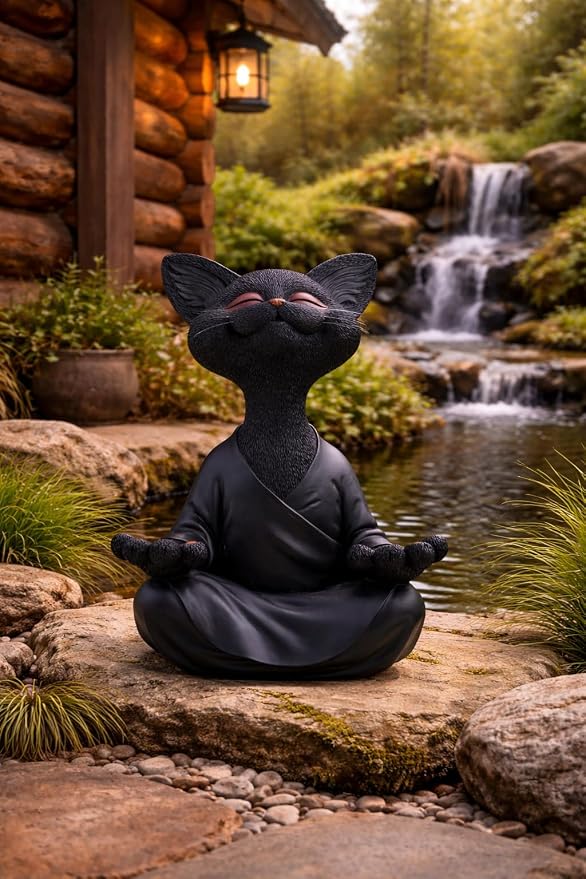JFSM INC. 12" Whimsical Happy Cat Garden Buddha Statue - Indoor Outdoor Resin Cat Statue - Meditating Animal Sculpture, Mindful Yoga Decor for Patio Yard Lawn Porch