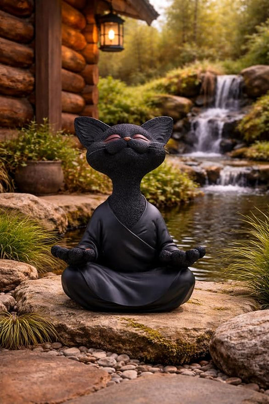 JFSM INC. 12" Whimsical Happy Cat Garden Buddha Statue - Indoor Outdoor Resin Cat Statue - Meditating Animal Sculpture, Mindful Yoga Decor for Patio Yard Lawn Porch
