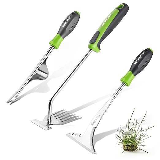 WORKPRO 3-Piece Weed Puller Tool Set | 15" 6-Tine Weed Remover, 12" Hand Weeder, 12.5" Crack Weeder, Stainless Steel with Ergonomic Handle for Lawn, Garden, Yard