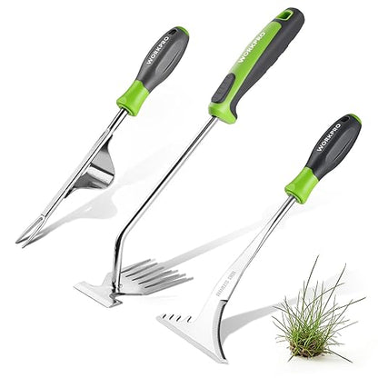 WORKPRO 3-Piece Weed Puller Tool Set | 15" 6-Tine Weed Remover, 12" Hand Weeder, 12.5" Crack Weeder, Stainless Steel with Ergonomic Handle for Lawn, Garden, Yard