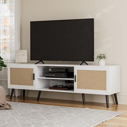 ZttRiee TV Stand with Rattan Doors for TVs up to 65", Mid-Century, White | 54.7"W x 15.7"D x 18.9"H, 150 lbs capacity, 2 rattan-door cabinets & 1 shelf (4 compartments), 2 cord holes, 6 wood feet