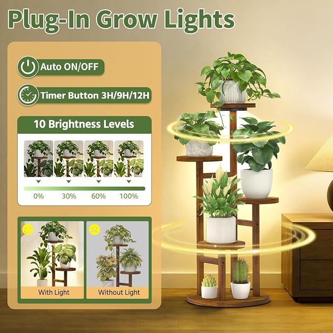 LASZOLA 4 Tiered Wood Plant Stand Indoor Corner with Grow Lights, Flower Holder Rack Tall for Multiple Plants, Rustic Planter Shelf Display for Patio Garden Balcony Living Room, Brown