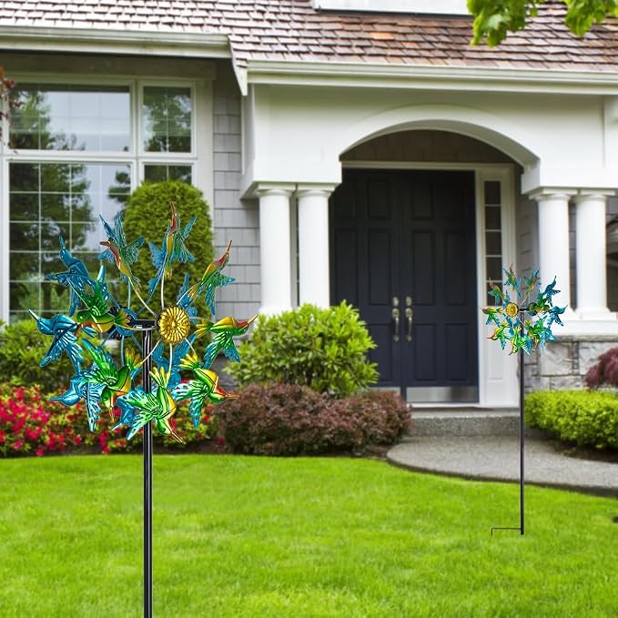 Viveta Wind Spinners for Yard and Garden, Hummingbird Wind Spinners | 57.5" Double Wind Spinner with Metal Stake, Yard Art Decor for Patio Lawn Garden