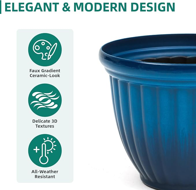 2-Pack 15" Gradient Blue Plastic Outdoor Flower Pots with 3D Texture | Set of 2 PP planters with faux ceramic look, 3D texture, drainage plugs, and UV-treated finish for patio or porch