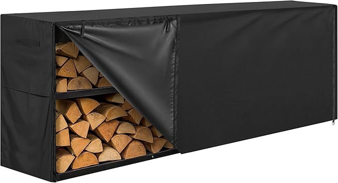 8ft Waterproof Firewood Rack Cover - Heavy Duty Black 600D Oxford Fabric - Indoor Or Outdoor Firewood Log Cover with Zipper & Adhesive Closing Strips - Rack NOT Included - Black