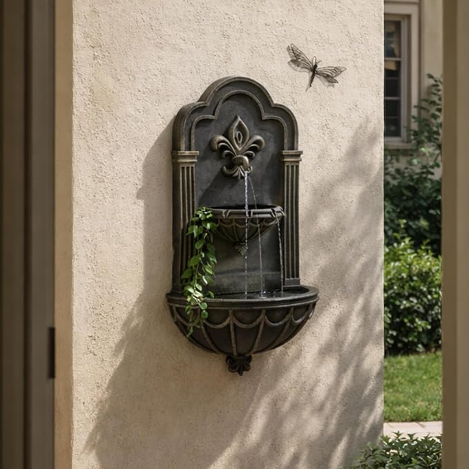Teamson Home Fleur-de-lis Outdoor Water Fountain, Black & Gold | Warm Glow Lighting, Adjustable Flow, Electric Pump