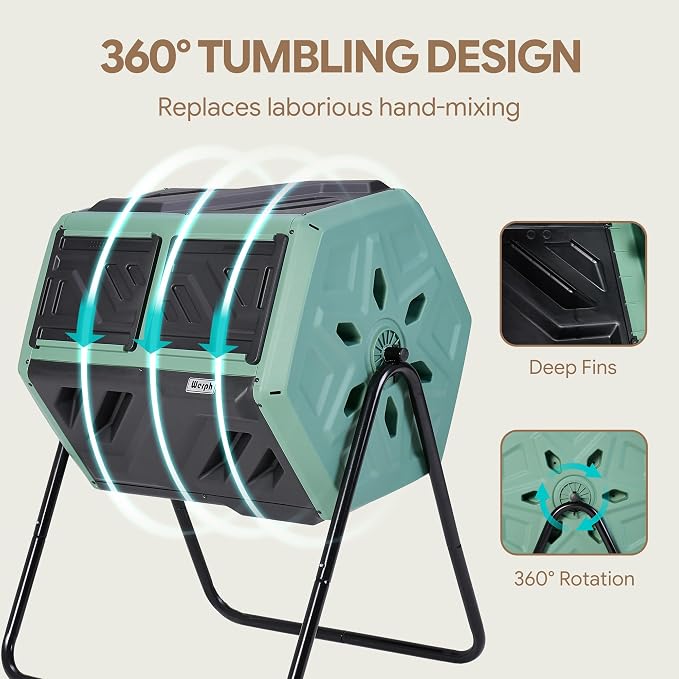 Werph 43 Gal Dual Chamber Compost Tumbler for Garden & Yard, Green & Black | Fast Assembly, 43 Gal Dual Chambers & Aeration System, 360° Rotating Tumbler, for Garden, Kitchen, & Yard (Gloves Included)