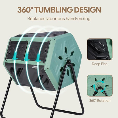 Werph 43 Gal Dual Chamber Compost Tumbler for Garden & Yard, Green & Black | Fast Assembly, 43 Gal Dual Chambers & Aeration System, 360° Rotating Tumbler, for Garden, Kitchen, & Yard (Gloves Included)