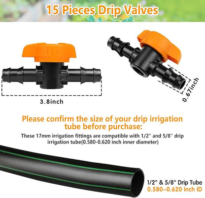 1/2 Inch Drip Irrigation Barbed Valve, 15 Pcs Barbed Switch Valves Drip Line Parts for 1/2" Drip Tubing (.570-.620" ID), 1/2 in. in-line Barbed Shut Off On Valve for Garden Irrigation System