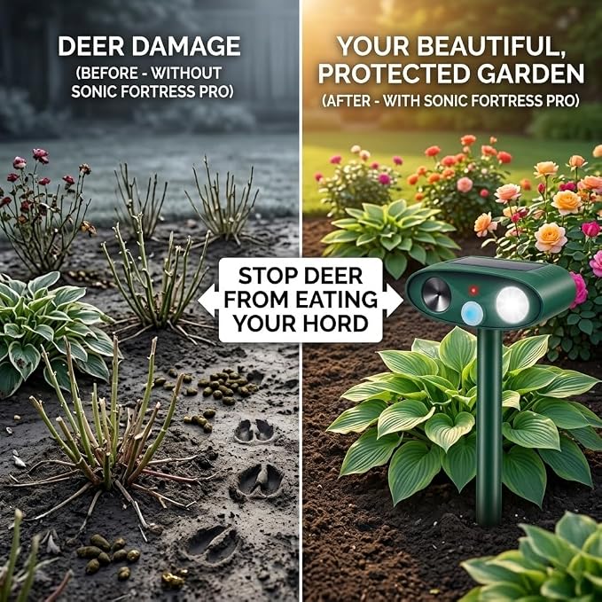 2026 Sonic Fortress Pro Deer Repellent Devices with USB Charge,Solar Ultrasonic Animal Repellent with Motion Sensor&Flash Light,Deer Deterrent for Flower beds,Vegetable Gardens,Plants 4Pack