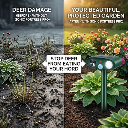 2026 Sonic Fortress Pro Deer Repellent Devices with USB Charge,Solar Ultrasonic Animal Repellent with Motion Sensor&Flash Light,Deer Deterrent for Flower beds,Vegetable Gardens,Plants 4Pack