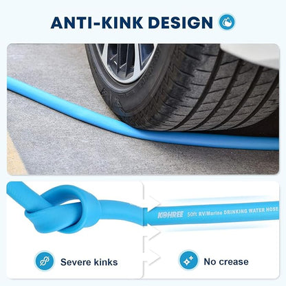 Kohree 50FT RV Water Hose with Storage Bag, 5/8'' Drinking Water Hose, No Odor, Leak Free, Heavy Duty, No Kink and Flexible Garden Hose 50 ft, Ideal RV Accessories for RV, Camper, Garden - Blue