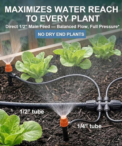 1/2" Drip Irrigation System Kit with 55 Adjustable Nozzles, PE UV-Resistant | Quick-connect, 2X Lifespan of PVC , Leak-Proof for Indoor Pots, 50FT 1/2" Main tube+ 197FT 1/4" Tube, 4 Nozzle Types