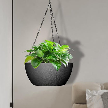 WSMKSZ 13 inch Large Hanging Planters Plant Pots for Outdoor Indoor Plants with Drainage Holes and Chain, 2 Pack Round Hanging Flower Pots for Garden Home Porch Decor, Black