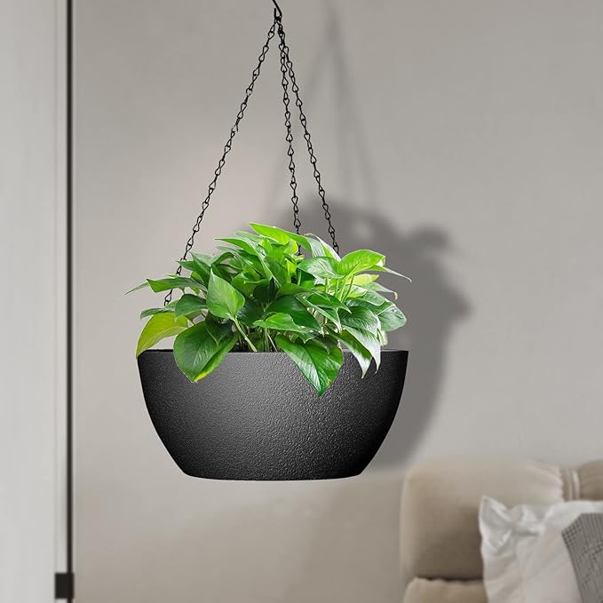 WSMKSZ 10 inch Hanging Planters for Outdoor Indoor Plants with Drainage Holes and Chain, 2 Pack Round Hanging Flower Pots for Garden Home Porch Decor, Black