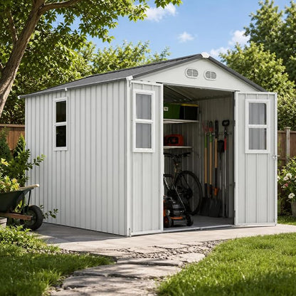 KEIKI 8x8 Outdoor Storage Shed, Metal Garden Shed with 4 Windows and Lockable Doors, Heavy Duty Steel Storage House for Backyard Patio Lawn, Bike Storage, Tool Room, Pet Shelter, White