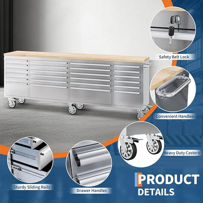 GarveeTech 96-Inch Heavy-Duty Rolling Tool Chest & Mobile Workbench, 24 Drawers, Rubber Wood Tabletop, Key Locking System, Drawer Liners, 6 Wheels, Steel Storage Cabinet for Garage