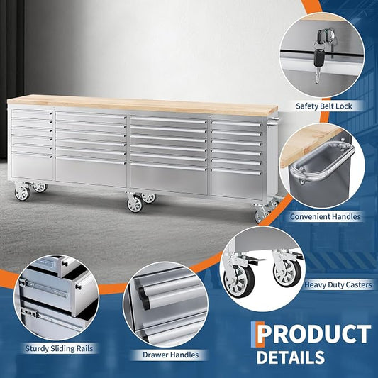 GarveeTech 96-Inch Heavy-Duty Rolling Tool Chest & Mobile Workbench, 24 Drawers, Rubber Wood Tabletop, Key Locking System, Drawer Liners, 6 Wheels, Steel Storage Cabinet for Garage