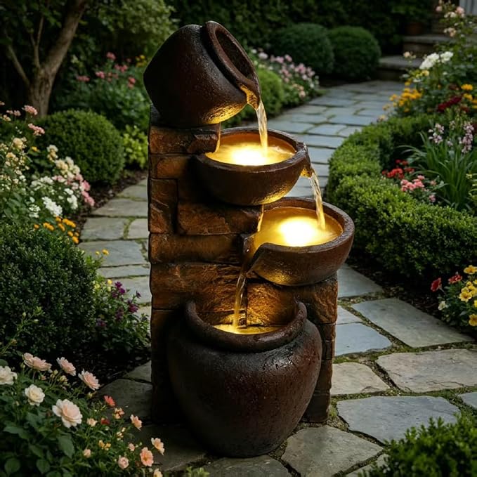 25.6" Outdoor Water Fountain, 4 Tier Cascading Pot Freestanding Water Fountain, Outdoor Fountain with LED Lights, Garden Water Feature, Suitable for Patio Yard Porch Landscape, Brown