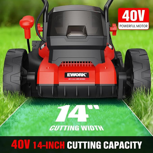 EWORK 40V 14" Electric Lawn Mower Cordless with 2*4.0Ah Batteries & Charger | 6-Height Adjustment, Electric Push Mower with 9-Gallon Grass Bag, Battery Powered Lawnmower for Yard, Lawn Care