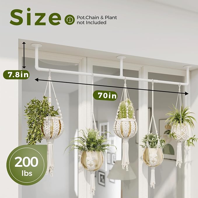Bamworld Hanging Planters for Indoor - 70in White Metal Rod Plant Hangers (Pot & Plant Not Included)