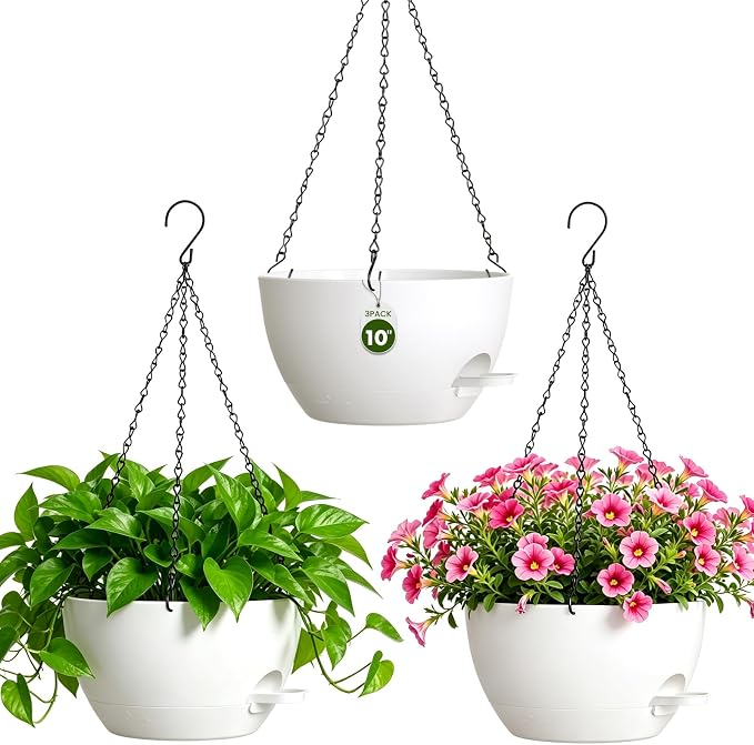 10 Inch Self-Watering Hanging Planters Set of 3 with Saucers | Set of 3 10-inch self-watering hanging planters with extra growing space, side-fill ports, chain hangers & snap-on saucers