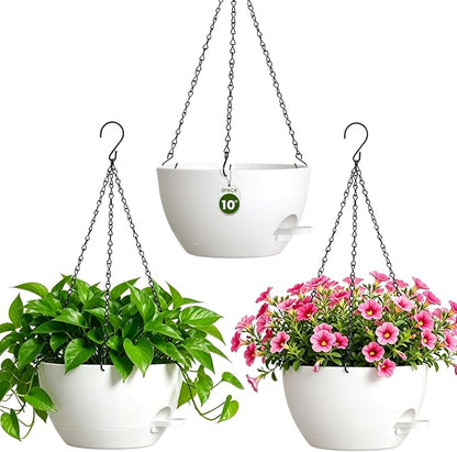 10 Inch Self-Watering Hanging Planters Set of 3 with Saucers | Set of 3 10-inch self-watering hanging planters with extra growing space, side-fill ports, chain hangers & snap-on saucers