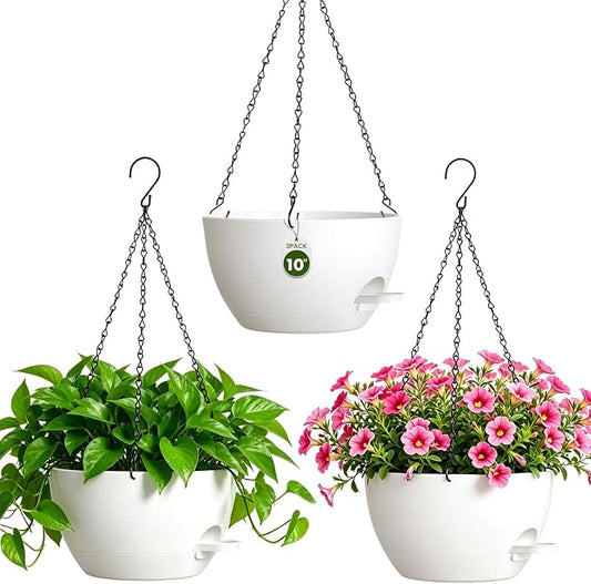 10 Inch Self-Watering Hanging Planters Set of 3 with Saucers | Set of 3 10-inch self-watering hanging planters with extra growing space, side-fill ports, chain hangers & snap-on saucers