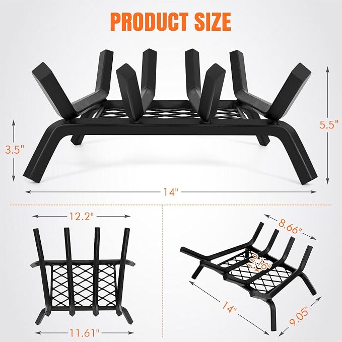 INNO STAGE Fireplace Grates with Ember Retainer - 14 Inch Fireplace Log Grate, Firewood Wood Log Holder Rack,Inside Wrought Cast Iron Fire Grate for Hearth Indoor Outdoor Camping