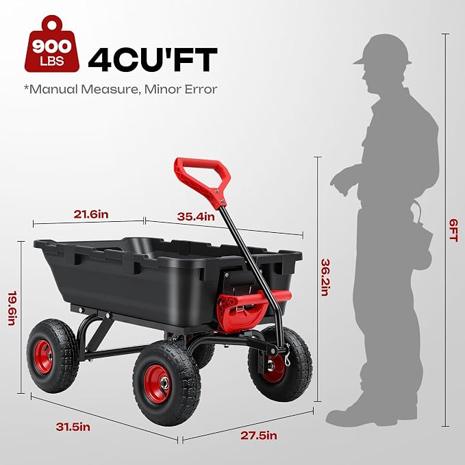 Garden Dump Cart Wagon 900 Lbs, Heavy Duty Yard Wheelbarrow | Upgrade 10" All Terrain Pneumatic Tires,DIY Expansion over 900LBS Capacity, Durable Steel Frame, Ideal for Yard, Farm, Garden