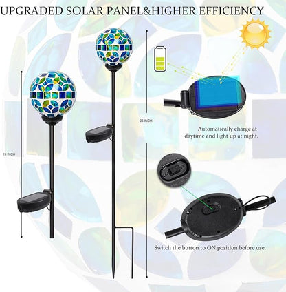 VCUTEKA Solar Lights Outdoor Decorative - Waterproof Mosaic Solar Garden Light, LED Pathway Stake for Landscape Lawn Patio Yard, Solar Globe Lights Outdoor, 1 Pack Green Blue