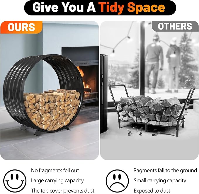 Round Metal Sheet Firewood Rack Indoor by Fireplace/Outdoor Beside Fire Pit -with Metal Legs,Rustproof,Durable & Stylish Firewood Holder (Circle, 32 Inches Diameter)