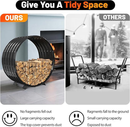 Round Metal Sheet Firewood Rack Indoor by Fireplace/Outdoor Beside Fire Pit -with Metal Legs,Rustproof,Durable & Stylish Firewood Holder (Circle, 32 Inches Diameter)