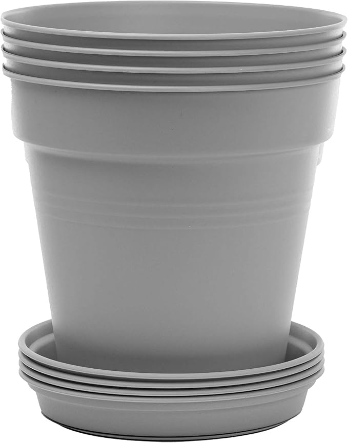 Mintra Garden Pots, 4 Pack Bulk Plastic Plant Pots with Drainage Tray, Round Indoor & Outdoor Decorative Planters with Drain Holes for Flowers, Herbs & Plants, 13cm Diameter – Grey, 5 in