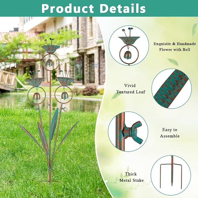 Calla Lily Garden Stake with Bells, Metal Flower Decorative Garden Stakes, 34" H Yard Art for Outdoor Lawn Patio Pathway Decor, Bronze