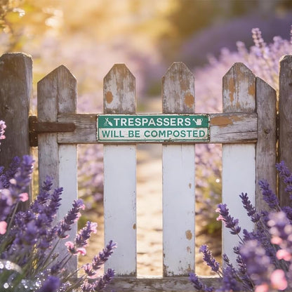 Garden Metal Tin Sign, Rustic Farmhouse Decor, Trespassers Will Be Composted Sign, Gardening Wall Art, for Yard Fence Door Porch, Funny Indoor Outdoor Garden Decoration, 15.7 x 3.9 Inches