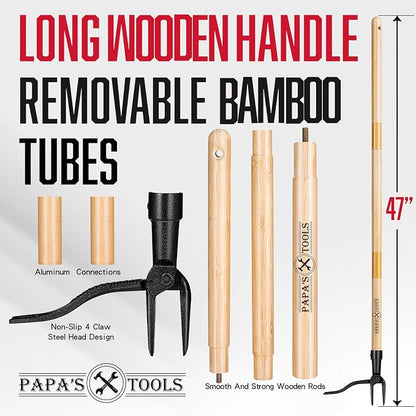 MELISSA AND HARRY Papa's Tools Weeder - Stand Up Weed Puller Tool Made with Long Wooden Handle - Real Bamboo & 4-Claw Steel Head (Natural / 3PC)