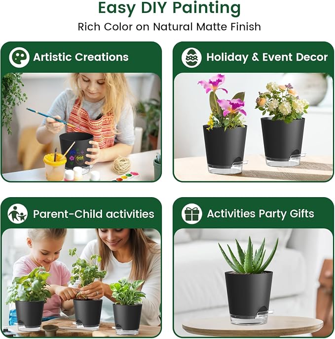 Meowell 5 inch Self Watering Flower Pots for Indoor Plants, 5 Pack Small Plant Pots with Drainage Holes & Clear Reservoir for Visible Water Level, Plastic Wicking Planter Pots for House Plants, Black