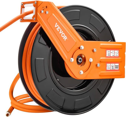 VEVOR Retractable Air Hose Reel, 3/8IN x 100FT Rubber Air Hose Max 300PSI, Air Compressor Hose Reel Auto-Rewind with 5FT Lead in, Ceiling/Wall Mount Heavy Duty Single Arm Steel Reel, 1/4" NPT Fitting